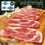 Beef Sirloin AGED BY GOODWINS Australia STEER young cattle (Striploin / New York Strip / Has Luar) frozen brand Harvey/Midfield STEAK 1cm 3/8" for schnitzel (price /600gr 4-5pcs)